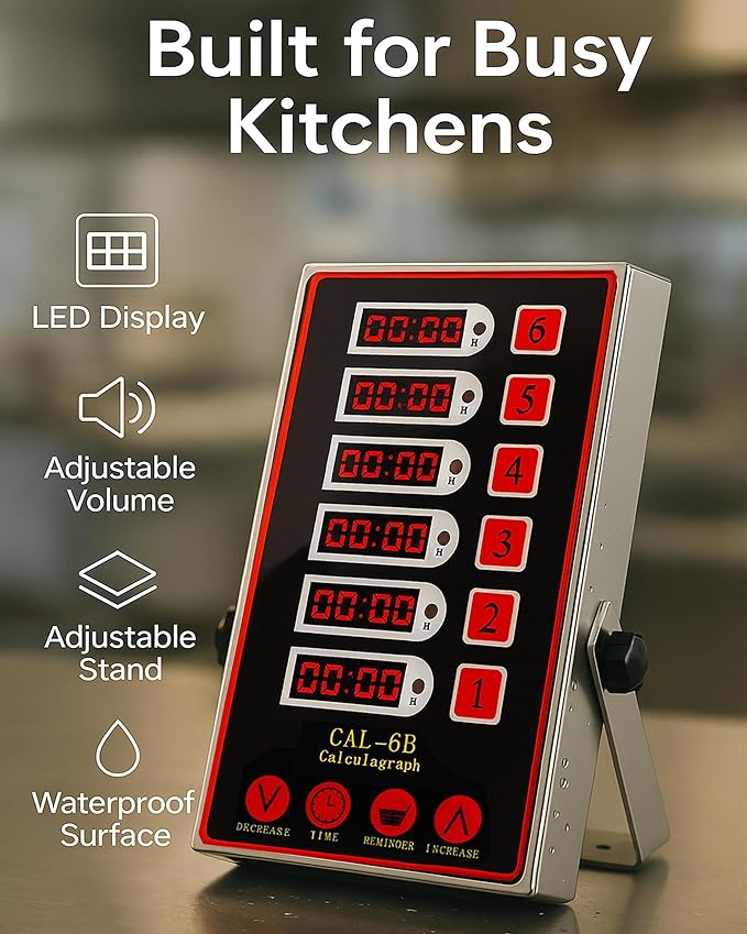 Commercial 6 Channel Kitchen Timer, Digital Stainless Steel Restaurant Timer with Loud Alarm, Multi-Event Reminder for Fryer, Baking