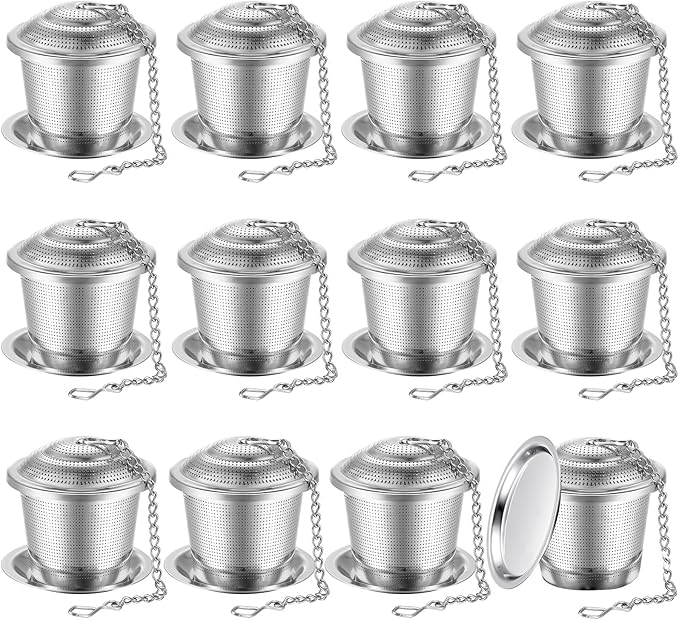 Zopeal 12 Pcs Tea Infuser Stainless Steel Strainer with Extended Chain Hook and Saucer Loose Leaf Steeper Fine Mesh Ball Tea Filter for Brew Spices Seasonings Fits Cup Mug Bottle (Medium)