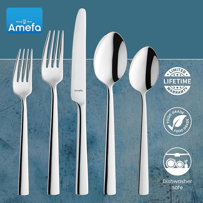 Amefa 45-Piece Silverware Flatware Cutlery Set Service for 8, Durable 18/10 Stainless Steel High Gloss Mirror Finish, tableware in Ergonomic Design Size and Weight, Dishwasher Safe (Moderno)
