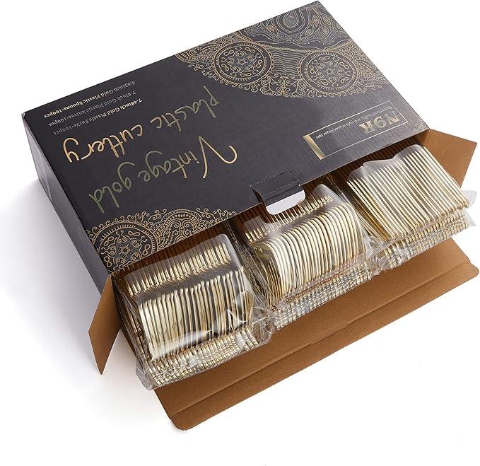 N9R 300pcs Gold Plastic Silverware Dinnerware Flatware- Heavyweight Plastic Cutlery Set, 100 Forks, 100 Spoons, 100 Knives, Gold Utensils for Party, Thanksgiving, Christmas