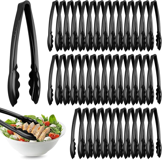 Tessco 50 Pcs Plastic Tongs for Serving Bulk, 9 Inch Plastic Disposable Serving Tongs Heavy Duty Salad Utensils for Kitchen Buffets BBQ Events Catering (Black)