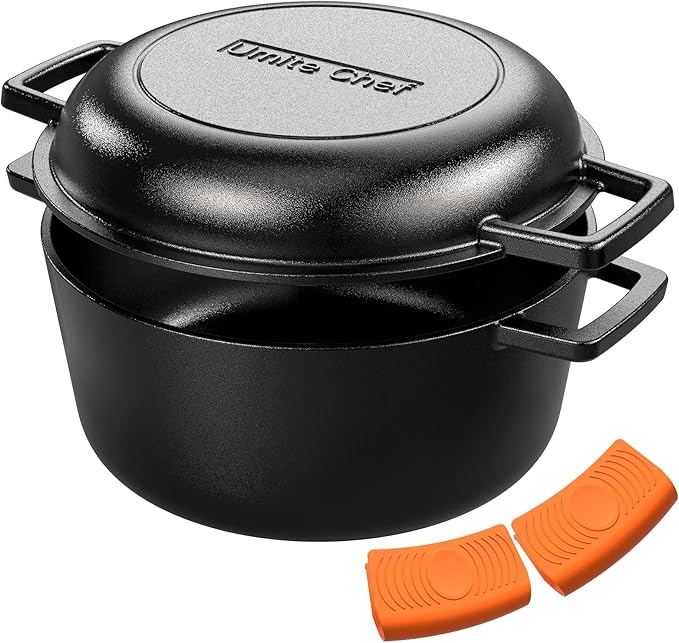 Cast Iron Dutch Oven Pot with Skillet Lid – Pre-Seasoned – Skillet Lid Cooking Pan– PFAS-Free –Umite Chef Cast Iron Skillet Cookware for Bread, Frying, Baking – Dual Handles – Oven, Grill, Campfire & Stovetop Safe – Durable & Non-Toxic, 5QT