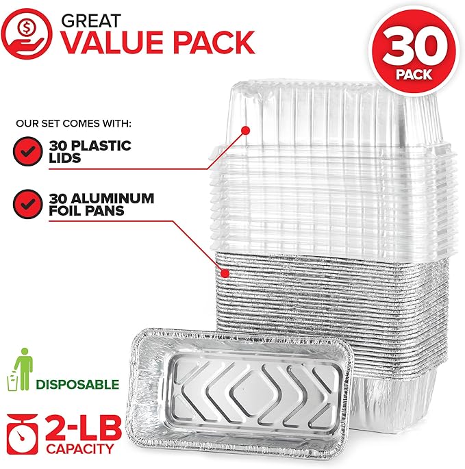 Stock Your Home Disposable Aluminum Loaf Pans with Lids, 2 Lb (30 Pack) Foil Baking Tins with Plastic Lid, Tin Pan with Cover for Cake, Banana Bread, Meatloaf, Mini Lasagna, Drip Trays