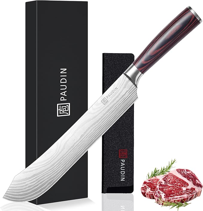 PAUDIN Butcher Knife, 10″ Bullnose Brisket Knife,Forged High Carbon German Steel, Ultra Sharp Edge for Meat Cutting, Ergonomic Handle Design