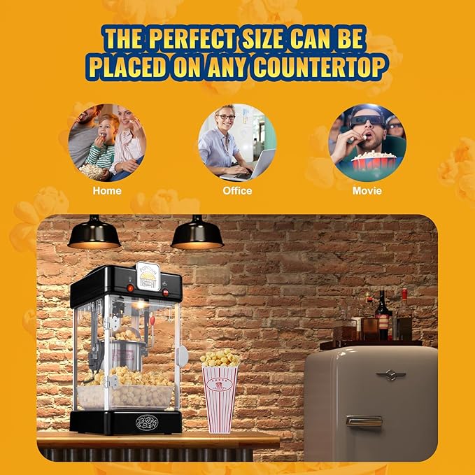 VEVOR Popcorn Maker, 300W Popcorn Popper Machine, 2.5 Oz Kettle Makes 4 QT per Batch, Tabletop Popcorn Maker with PP Door, Includes 2 Scoops and Tray, Movie Theater Style, Black