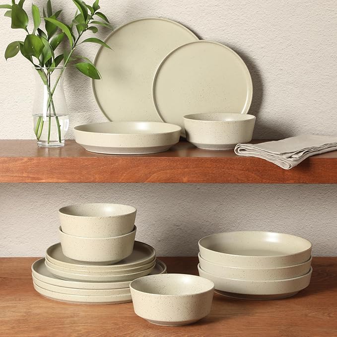 Gibson Elite Overbrook 16-Piece Pottery Clay Stoneware Dinnerware Set – White Reactive Glaze, Stackable Plates and Bowls w/Pasta Bowl, Service for 4 – Microwave & Dishwasher Safe