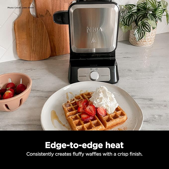 Ninja Belgian Waffle Maker Pro | Vertical Design | 5 Shade Settings with Precision-Pour Cup & Chef-curated Recipe Guide | Black & Silver | BW1001