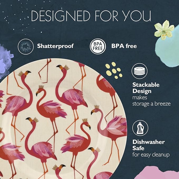 Portmeirion Sara Miller Flamingo Salad Plate, Set of 4 - BPA-Free 8" Melamine Plates Featuring Flamingos for Summer - Dishwasher Safe Dinnerware for Indoor & Outdoor Dining, Shatterproof & Decorative