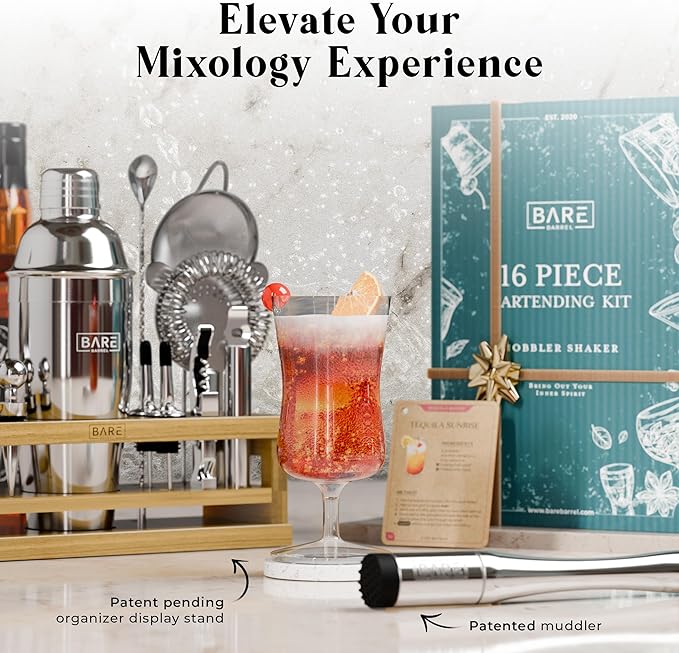 BARE BARREL® Mixology Bartender Kit Bar Set | 16-Piece Cocktail Shaker Set | Martini Barware Mixing Tools for Home Bartending | Incl. 35 Recipe Cards | Gift Set (24oz Cobbler Shaker, Silver/Natural)