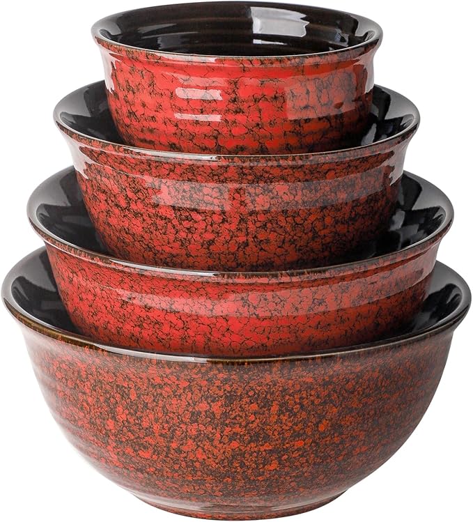 Hasense Mixing Bowls, 2.1/1.5/1.0/0.5 Qt, Nesting Bowls for Cooking, Baking, Ceramic Serving Dishes Set of 4 for Salad, Fruits, Popcorn, Thanksgiving Christmas Gift, Dishwasher & Microwave Safe, Red