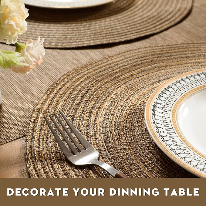 FunWheat Round Braided Placemats Set of 4 Place mats for Dining Tables Woven Heat Resistant Table Mats 15 inch for Fall(E Brown, 4pcs)