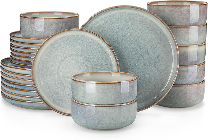 vancasso PLAYA Plates and Bowls Sets, 24 Pieces Light-Blue Dinnerware Sets for Kitchen, Reactive Glaze Dishes Set for 8, Dishwasher and Microwave Safe