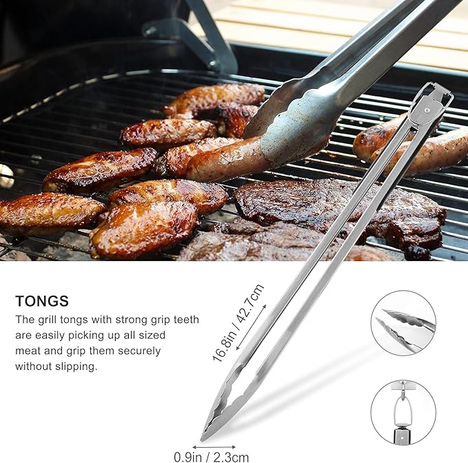 grilljoy 8PCS BBQ Grill Tools Set with Extra Thick Stainless Steel Spatula, Fork, Tongs & Cleaning Brush - Complete Barbecue Accessories Kit with Portable Bag - Perfect Grill Gifts for Men Black