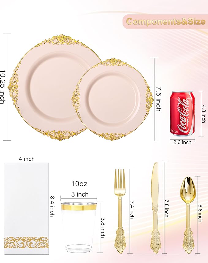 Nervure 350PCS Pink Plastic Plates - Pink Dinnerware Sets for 50 Guests - 100 Disposable Plates, 150 Gold Plastic Silverware, 50 Cups, 50 Napkins for Wedding & Party