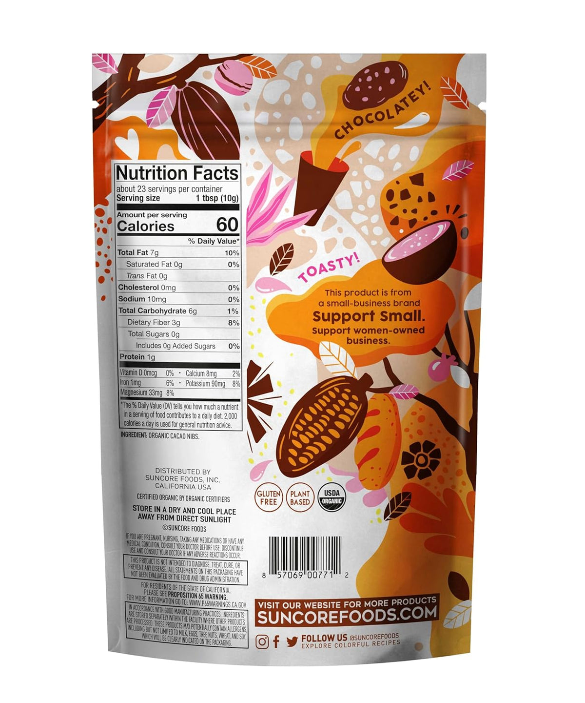 Suncore Foods Organic Cacao Nibs, Gluten-Free, Non-GMO, 8oz (1 Pack)