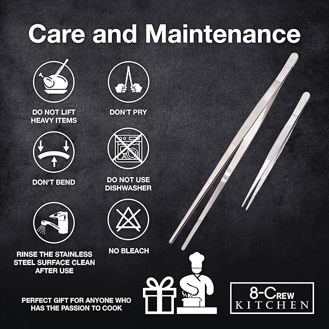 8-CREW KITCHEN Professional Chef Tongs 2 pc Set - 12” 304 Stainless Steel Tweezer for Cooking and Multi-Use - 6” Culinary Tweezer for Plating, Bar and Food Decorating