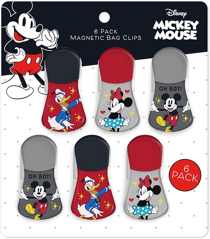 Disney Magnetic Chip Clips – Set of 6 Bag Clips for Food Storage - Mickey, Minnie, Lilo & Stitch, Winnie The Pooh – Durable Airtight Bag Chip Clips for Pantry & Fridge Use