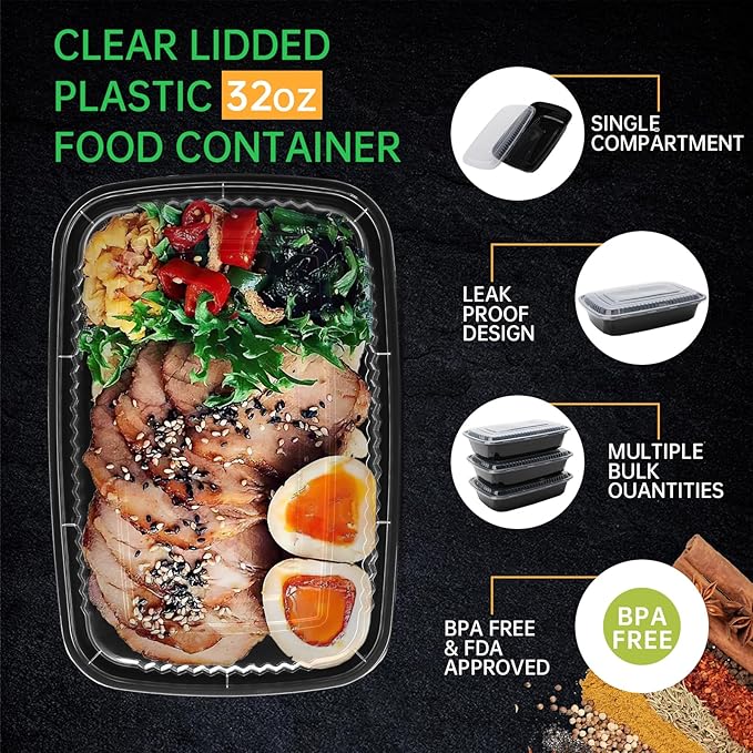 Meal Prep Container, 90 Pack 32 oz Food Storage Containers with Lids, Disposable Bento Box Reusable Plastic Lunch Box, BPA Free Take-Out Box Microwave Dishwasher Freezer Safe