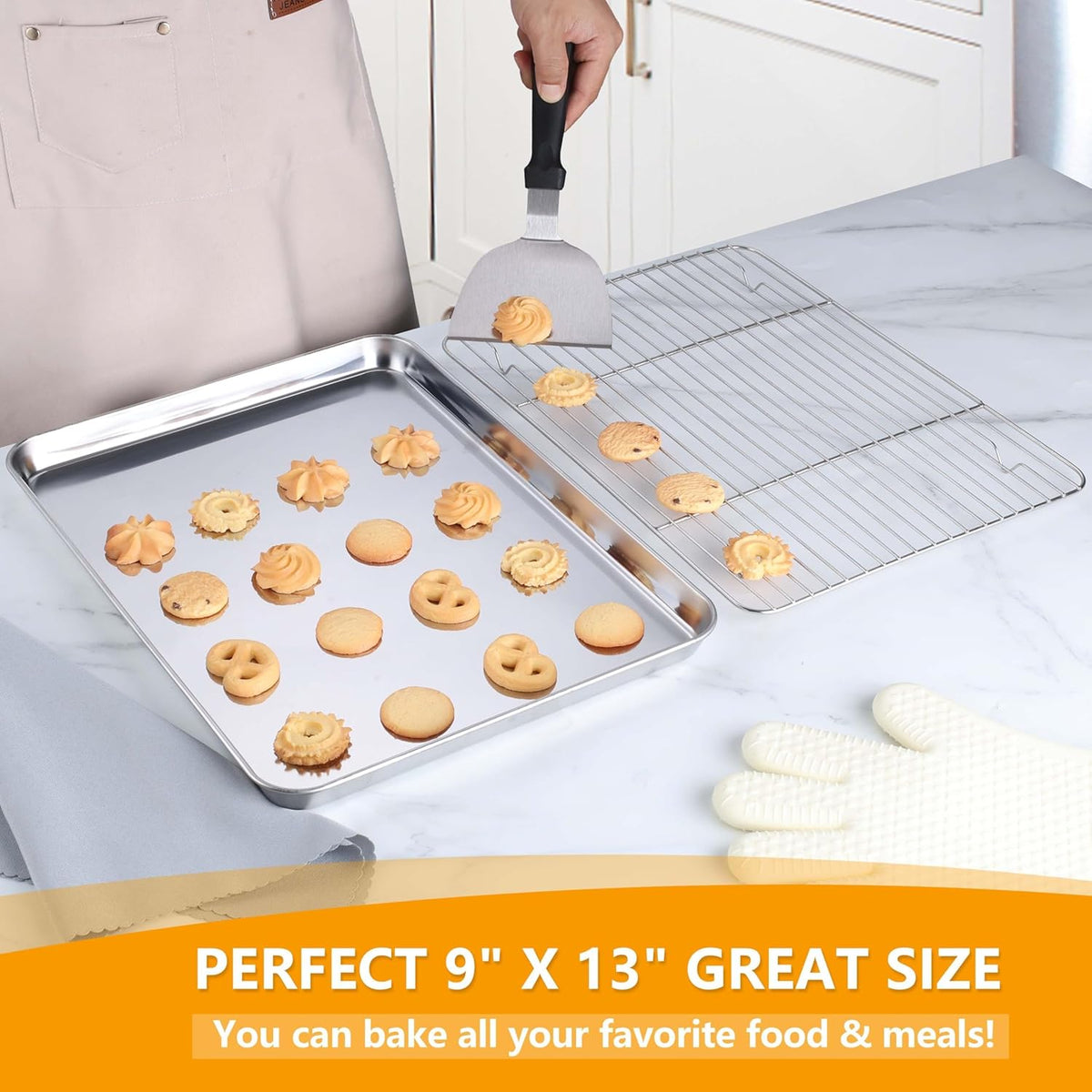 Homikit Baking Sheet with Rack, 9x13 Stainless Steel Quarter Sheet Pan with Wire Cooling Rack Set for Toaster Oven Roasting, Metal Bacon Cookie Trays Nonstick & Rust Free, Dishwasher Safe