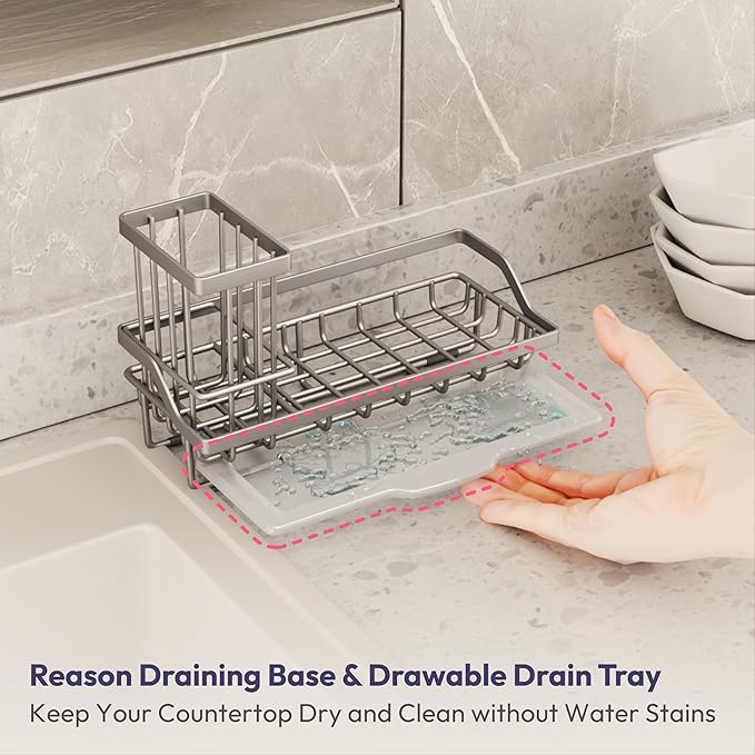 SWTYMIKI Sink Caddy Sponge Holder - Kitchen Sink Organizer with High Brush Holder for Countertop to Hold Dish Soaps and Sponges, Stainless Steel, Sand Nickel
