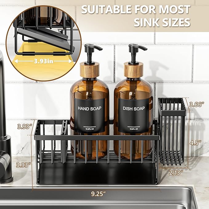 Cisily Kitchen Dish Soap Dispenser Set with 2 Pack 16.9oz Amber Glass Bottle and Sponge Holder, Dish Soap Dispensers with Adjustable Sponge Holder, Vintage Hand and Dish Soap Dispensers Set