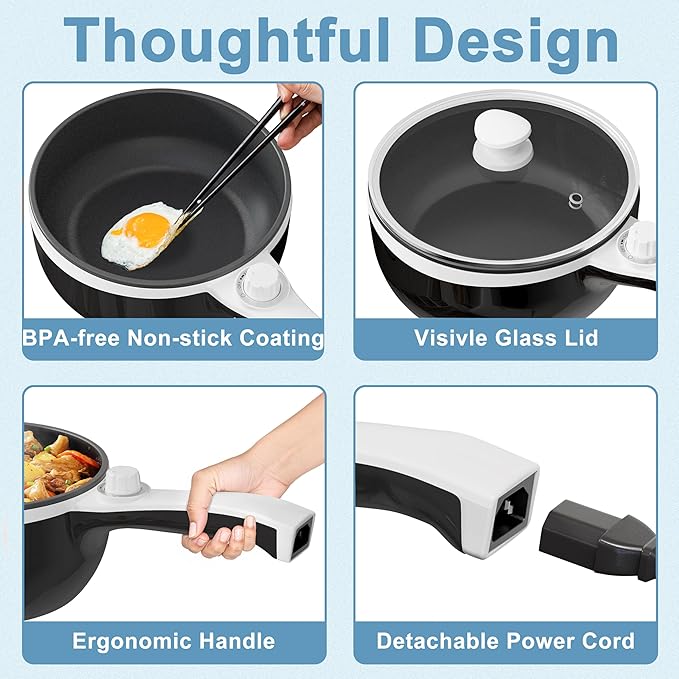 Dezin Hot Pot Electric Upgraded, Non-Stick Sauté Pan, Rapid Noodles Electric Pot, 1.5L Mini Portable Hot Pot for Steak, Egg, Fried Rice, Ramen, Oatmeal, Soup with Power Adjustment