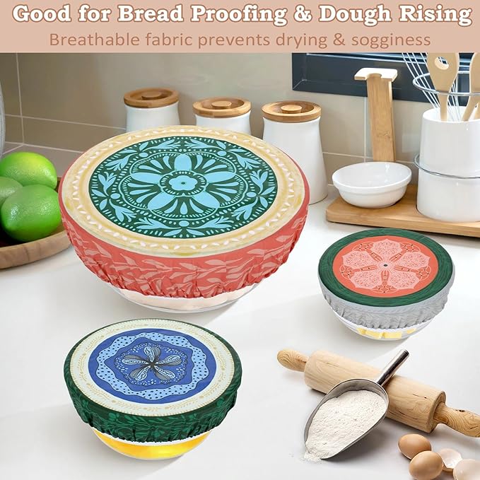 5-Size Reusable Beeswax Bowl Covers for Bread Proofing, Cotton Cloth Flexible Beeswax Wraps for Food Storage(Colorful Concentric Circle)