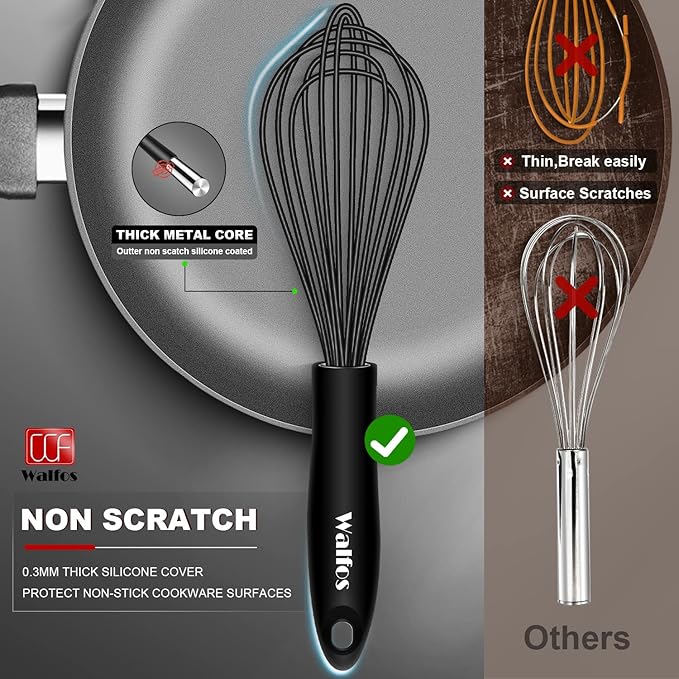 Walfos Silicone Whisk, Stainless Steel Wire Whisk - Heat Resistant Kitchen Whisks for Non-stick Cookware, Balloon Egg Beater Perfect for Blending, Whisking, Beating, Frothing & Stirring, 8.5", Black