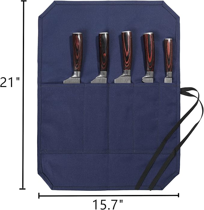 Chef's Knife Bag With 5 Slots, Wax Canvas Knife roll with Professional Anti Cutting Fabric Inside (Blue)