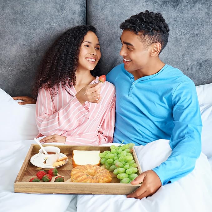 Acacia Wood Serving Tray with Handles，15.7x11.8 in Colorful Wooden Serving Tray Ottoman Tray Decorative Serving Trays Platter for Breakfast in Bed, Great for Lap &Couch