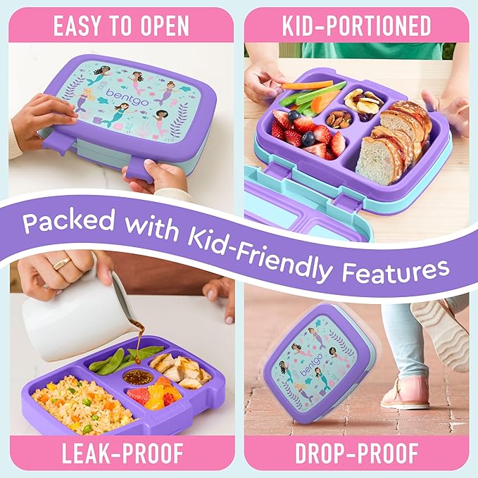 Bentgo Kids Prints Leak-Proof, 5-Compartment Bento-Style Kids Lunch Box - Ideal Portion Sizes for Ages 3-7, Durable, Drop-Proof, Dishwasher Safe, & PFAS & BPA-Free Materials (Mermaids in the Sea)