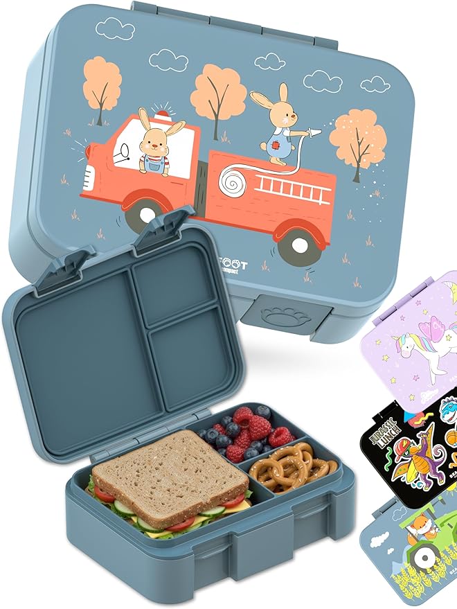 Kids Lunch Box with Compartments – Compact & Lightweight | Leak-Proof, BPA-Free, Dishwasher & Microwave Safe | Hand-Drawn Design for Preschool, School, Travel (Firetruck Bunnies Blue, 2.75 Cups)