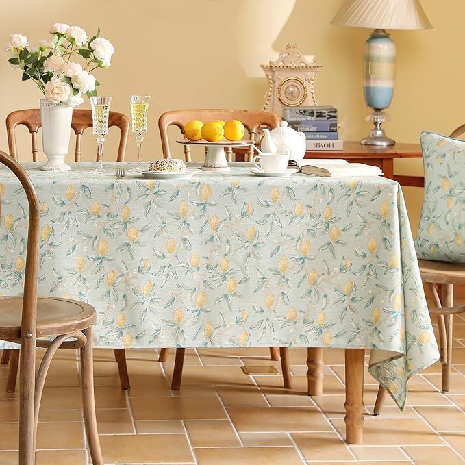 patdrea Designer Linen Green Small Tablecloth for Rectangle Table,Vintage Breathable Yellow Fruits Pattern Table Cloth,Decoration Cover for Kitchen Dining,Christmas,Thanksgiving,55"x71"-Ania a