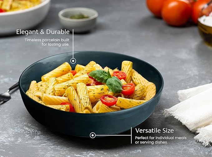 KooK Pasta Bowl, Salad Bowls, Soup, Serving Bowls, Ceramic, Large Capacity, Microwave & Dishwasher Safe, Set of 4, 40 Oz,(Dark Teal)