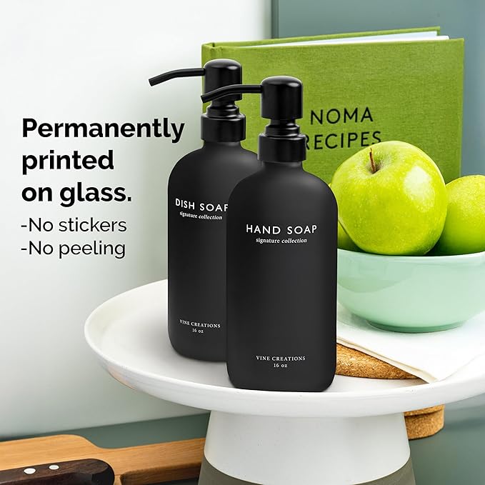 Vine Creations Black Glass Soap Dispenser Set, Dish Soap and Hand Soap Dispenser Set with Stainless Steel Pump, 16 oz Glass Dispensers for Kitchen Bathroom Decor (Matte Black Bottle/Matte Black Pump)