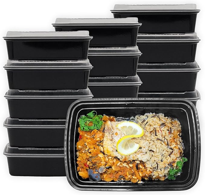 MULMEHË Plastic Food Storage Take-Out Container and Lid Combo, 28 oz, Microwaveable, Rectangular, Black, 8.5x6x1.5, Set of 150