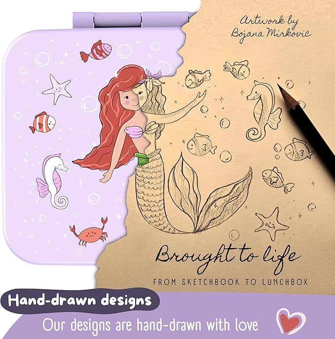 BEARFOOT Kids Lunch Box with Compartments – Compact & Lightweight | Leak-Proof, BPA-Free, Dishwasher & Microwave Safe | Hand-Drawn Design for Preschool, School, Travel (Mermaid Purple, 2.75 Cups)