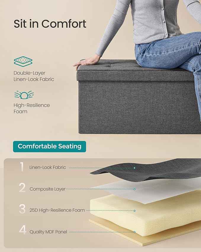SONGMICS MAZIE Collection - 30 Inches Folding Storage Ottoman Bench, Ottoman Foot Rest, End of Bed Bench, Storage Chest, Load 660 lb, for Living Room, Bedroom, Entryway, Dark Gray ULSF47K