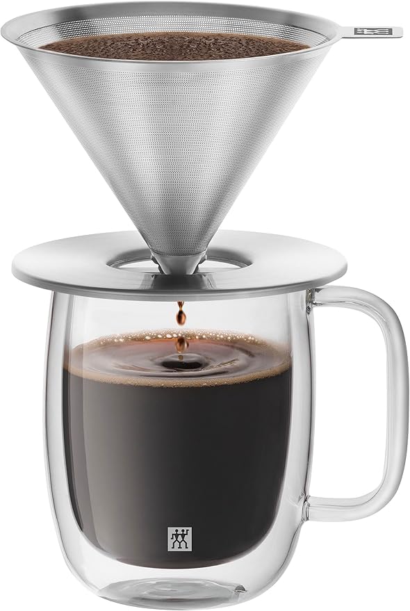 ZWILLING Sorrent Z1024-006 Stainless Steel Coffee Dripper/Mug Set, Double Wall Glass Coffee Mug, Heat Resistant, Cold Insulated, Paperless, Dishwasher Safe, For 1-4 Cups