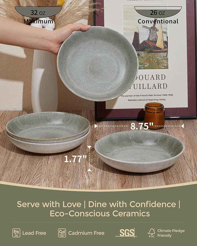 16 Piece Double Bowl Dinnerware Sets, Stain Resistant Dish Set with Pasta Bowls, Easy Cleaning Dishes, Multi-Functional Plate and Bowl, Stack Compactly Plate Set, Service for 4