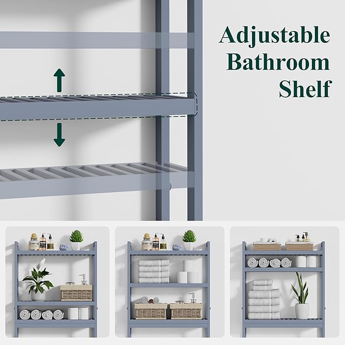 Smiry Over The Toilet Storage Cabinet, 3-Tier Bamboo Bathroom Organizers with Adjustable Shelf & 4 Hooks, Space Saving Shelf Rack for Bathrooms, Laundry Room, Balcony, Grey