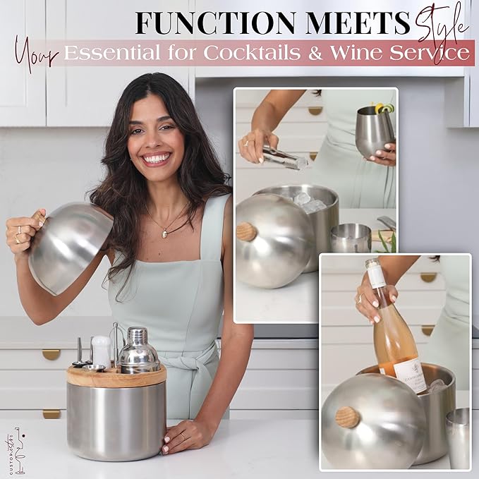 Gusto Nostro Cocktail Set Bartender Kit with Stainless Steel Ice Bucket - Complete Mixology Bar Tool Set with Wooden Organizer, Cocktail Shaker, Jigger, Muddler, Spoon, Tongs, Pourers, Recipe Cards