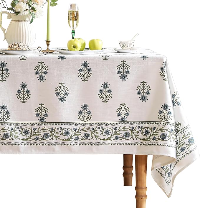 ISAENNE Designer White Linen Small Tablecloth Rectangular,Chinoiserie Floral Elegant Indoor Table Cloth,Fall Stain Proof Decor Tablecloths for Dining Thanksgiving Kitchen,55"*87"-Mosella F
