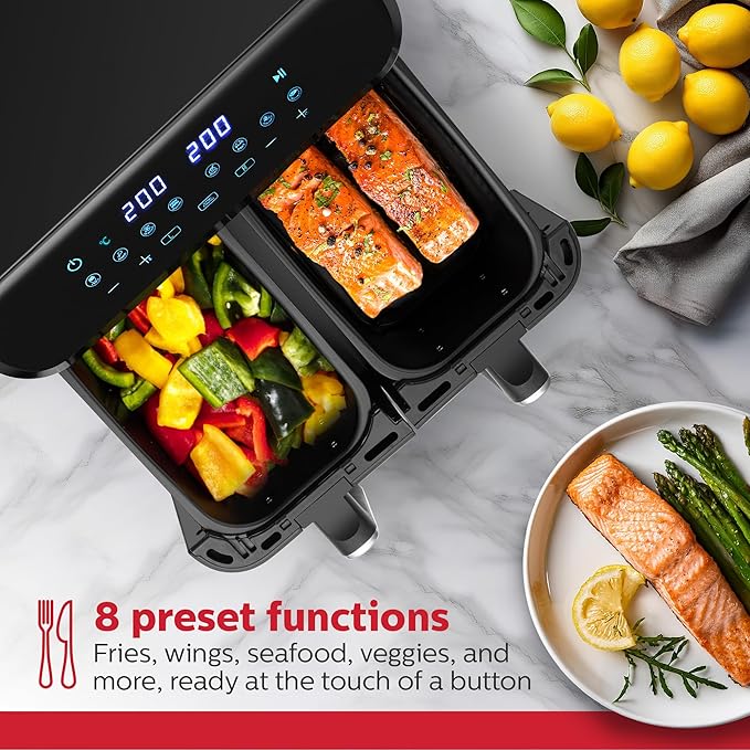 Holstein Housewares 9.5 QT Dual Basket Digital Air Fryer, Independent Controls - Non-Stick, Healthy Cooking with Less Oil, 8 Presets, Fry, Roast, Bake & Grill, LED Display & Dishwasher-Safe Parts