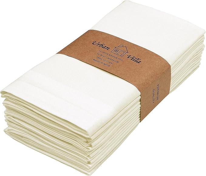 Urban Villa Cloth Napkins Ivory Dinner Napkins Set of 12 (18X18 Inches) 100% Cotton Absorbent Washable Durable Reusable Cloth Napkins Ideal for Farmhouse Party Thanksgiving Harvest Fall Dinner Napkins