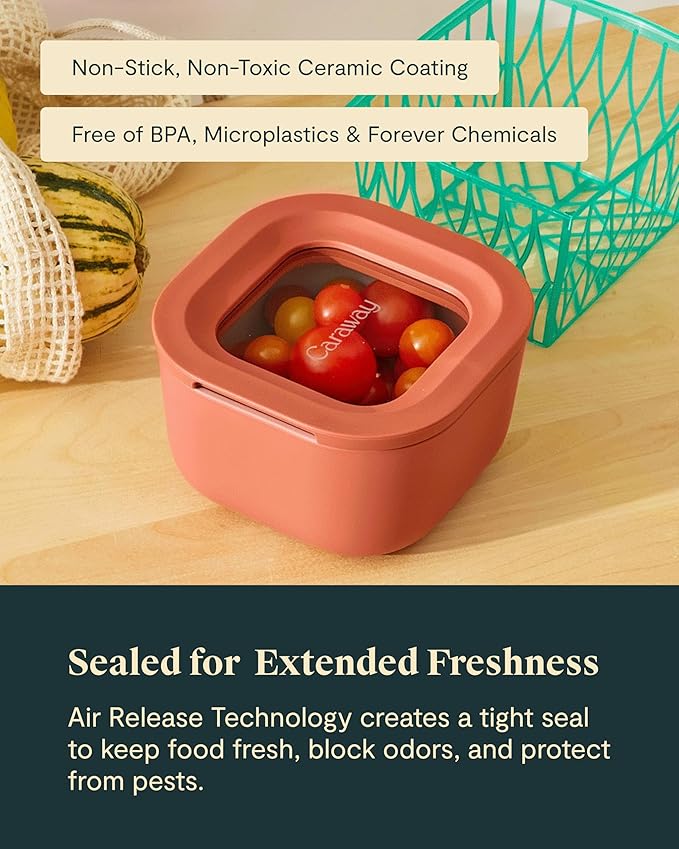 Caraway 6pc Food Storage Container Set - 1.75 Cup Glass Storage Container for Food (6) - Non-Toxic Ceramic-Coated Glass - Air Release Technology - Compact & Stackable Design - Perracotta