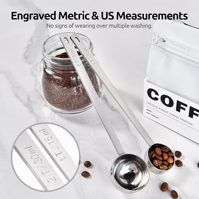U-Taste Coffee Scoop 1&2 Tablespoon: 18/8 Stainless Steel Measuring Scooper for Ground Coffee, Bean, Powder, Espresso, 6.9in Long Handle Metal Meaure Spoon for Canister, Jar(1&2Tbsp/15&30ml, Silver)