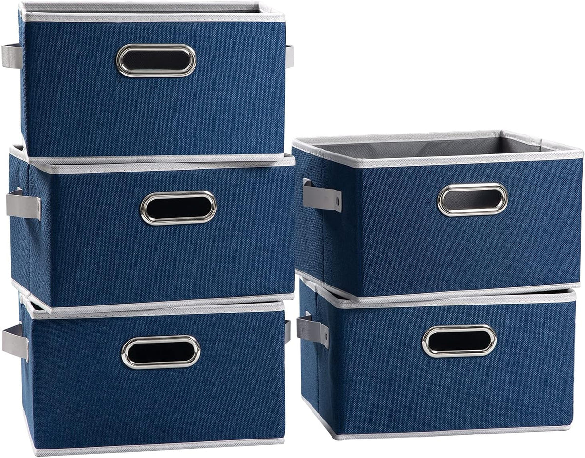 PRANDOM Large Collapsible Storage Baskets for Closet [5-Pack] Decorative Fabric Storage Bins Cubes with Leather/Metal Handles for Shelves Bedroom Living Room Royal Blue (14.9x9.8x8.3 Inch)