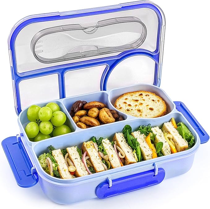EASYFUN Bento Box Adult, Lunch Box, 4-Compartment Lunch Containers, Drop-Proof, Dishwasher Safe & Made with BPA-Free Materials (Blue)