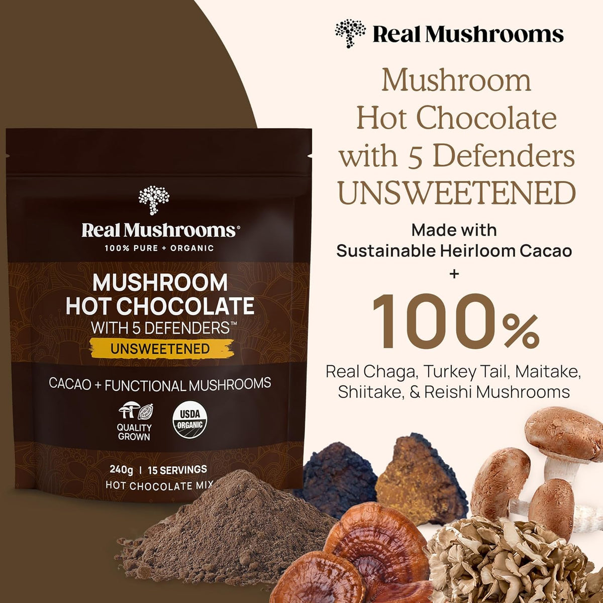 Real Mushrooms Unsweetened Hot Chocolate Mix with 5 Defenders – Reishi, Chaga, Turkey Tail, Maitake, Shiitake – Coco Powdered Unsweetened – Organic Cacao Powder Supplement, Vegan, 15 Servings